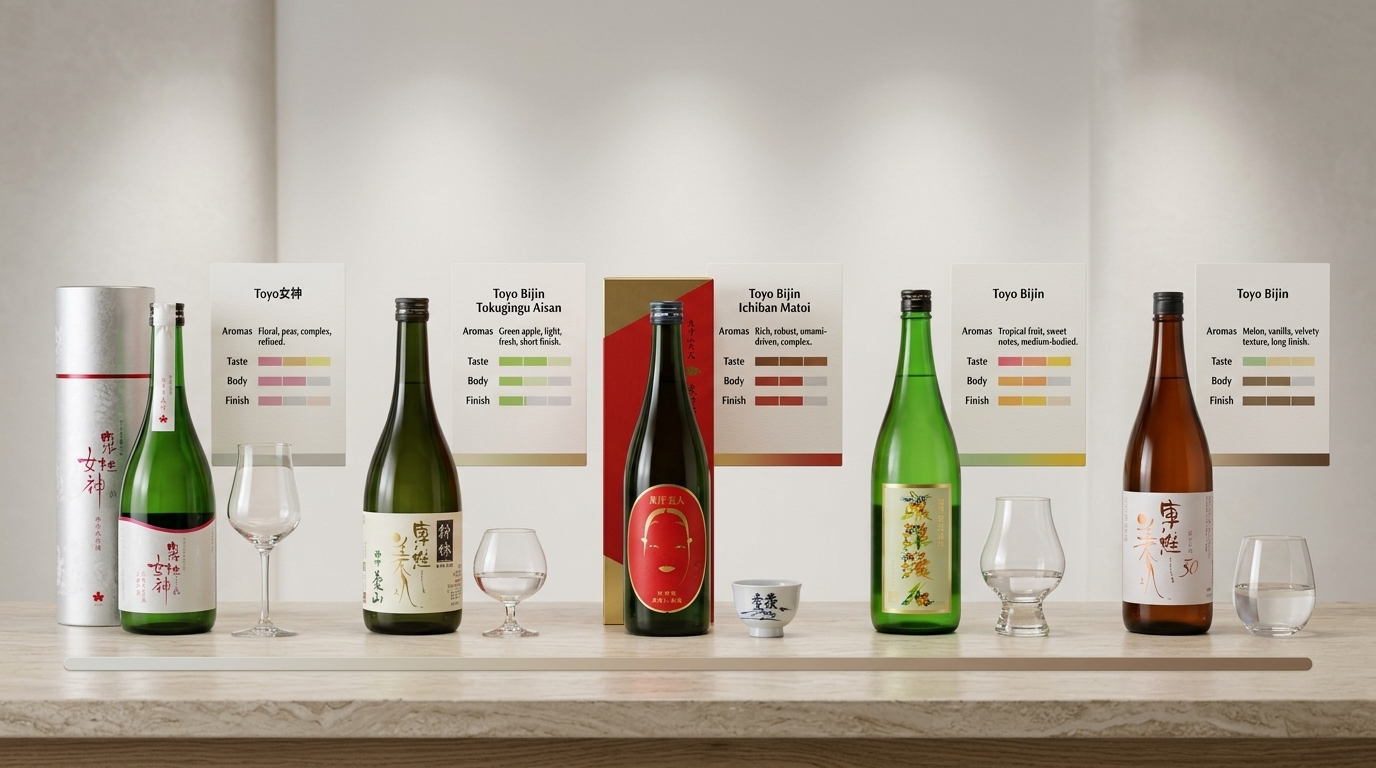 東洋美人清酒系列品鑑對照圖,展示多款酒款風味特色差異與專業選購攻略。