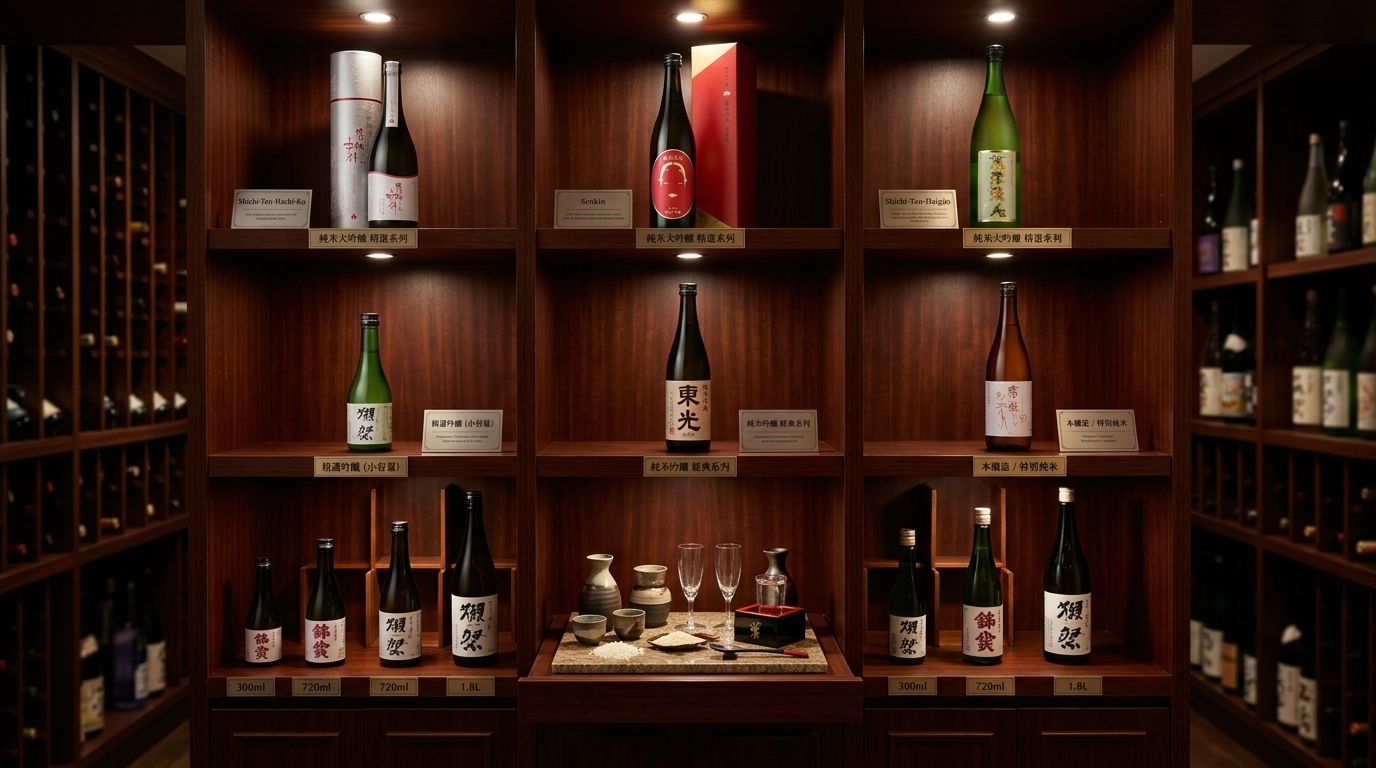 東洋美人清酒系列分類陳列圖,清晰展示各酒款系列,提供消費者直觀的選購指南。